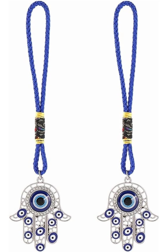 2Pcs Golden Hamsa Hand Amulet Car Pendant Miriam Hanging Ornament with Rope Decoration Lucky Charms Protection Alloy Enamel Accessories Gift for Men Women Rear View Mirror Balcony