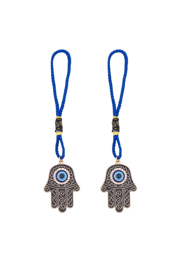 2Pcs Golden Hamsa Hand Amulet Car Pendant Miriam Hanging Ornament with Rope Decoration Lucky Charms Protection Alloy Enamel Accessories Gift