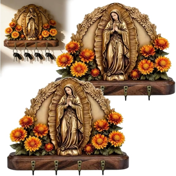 2Pcs Golden Virgin Mary Key Holder - 2D Flat Virgin Mary Wall Art with 4 Metal Hooks, Rustic Wooden Key Rack for Entryway, Farmhouse Religious Decor & Christian Gifts for Family and Friends