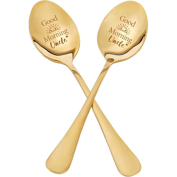 2Pcs Good Morning Uncle Spoon with Gift Box Golden Engraved Stainless Steel Table Spoons for Friends Families Festival Christmas Birthday Wedding 7.2'' DIY