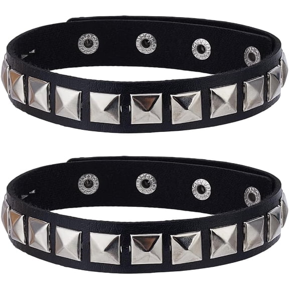 2Pcs Gothic Imitation Pu Leather Armband Bracelets Strap Mens Punk Rock Cuff Wrap Bangle Bracelet Adjustable Goth Studded DIY
