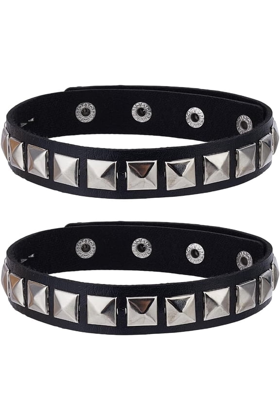 2Pcs Gothic Imitation Pu Leather Armband Bracelets Strap Mens Punk Rock Cuff Wrap Bangle Bracelet Adjustable Goth Studded DIY