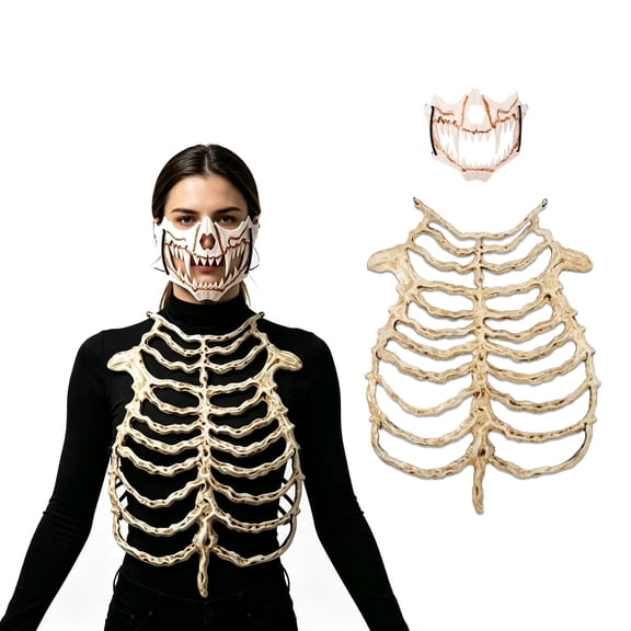 2Pcs Gothic Skeleton Rib Cage Chest Armor Costumes with Skull Mask,Halloween Skeleton Bone Corset Costume,LARP Women 3D Skeleton Cosplay Outfit