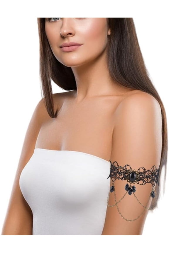 2Pcs Gothic Upper Arm Cuff Chain Black Pendant Bracelet Alloy Punk Adjustable Open Armlet Bangle Bracelets with Polyester Tassel