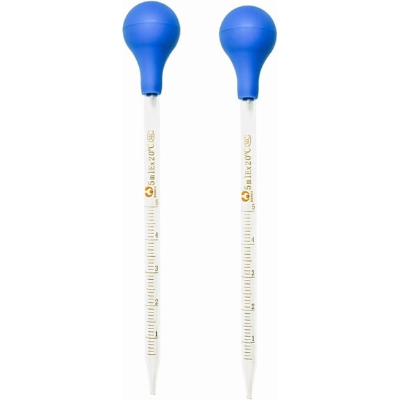 2Pcs Graduated 5ml Glass Dropper with Suction Bulb, Calibrated Pipettes - Approx 8"