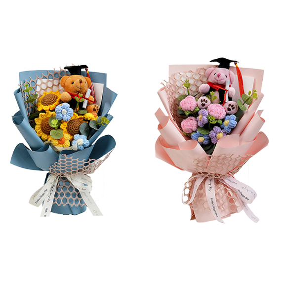 2Pcs Graduation Bouquet with Plush Bear – Elegant Woven Floral Gift Set with Gift Bag & Card, Perfect for Celebrating Accolades and Milestones (Pink+Blue)
