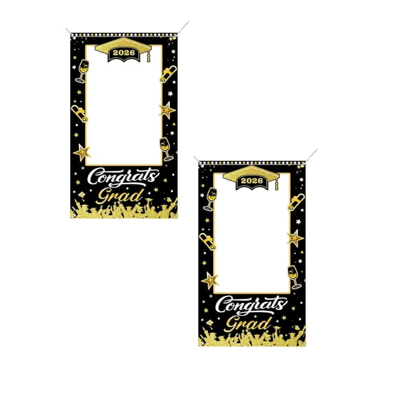 2Pcs Graduation Decorations Class Of 2026 Graduation Party Photo Booth Prop Congrats Grad Background 2026 Gold And Black Grad Party Decor For High School College 70.9"X"39.4"