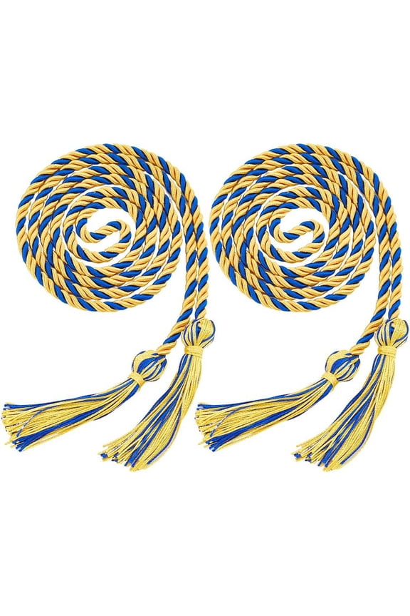 2Pcs Graduation Season Double Honor Cord with Tassels 1.7Ms Blue Gold Polyester Honor Ropes Graduation Decorative Ribbon Necklace Props Accessory for Students College Grad Party Golden