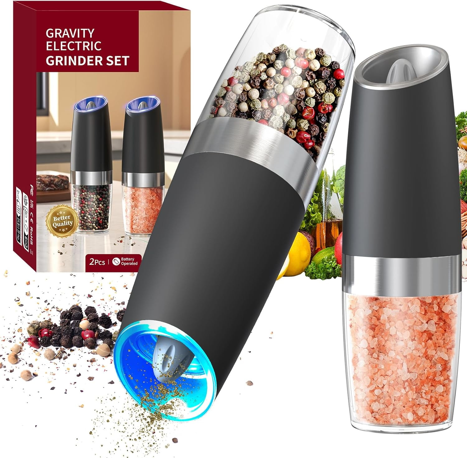 2Pcs Graviry Electric Salt and Pepper Grinder Set Automatic Salt and Pepper Grinder Set with LED Light, Battery Operated, Adjustable Coarseness, Large Capacity, for Home Kitchen BBQ