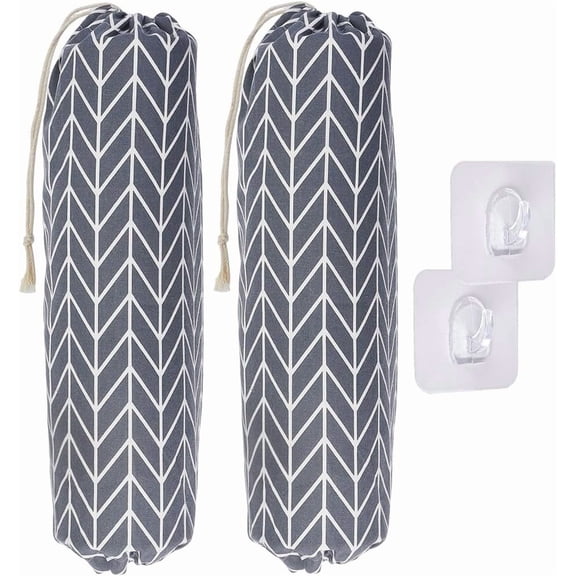 2Pcs Gray Plastic Bag Holder 2 Sticky Hooks Canvas Wall Mount Plastics Bags Organizer Drawstring Washable Large Grocery Container Dispenser Groceries Carrier Holder DIY