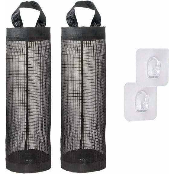 2Pcs Gray Plastic Bag Holder 2 Sticky Hooks Mesh Wall Mount Plastics Bags Organizer Polyester Drawstring Washable Large Grocery Container Dispenser Groceries Carrier Holder for Home Garages