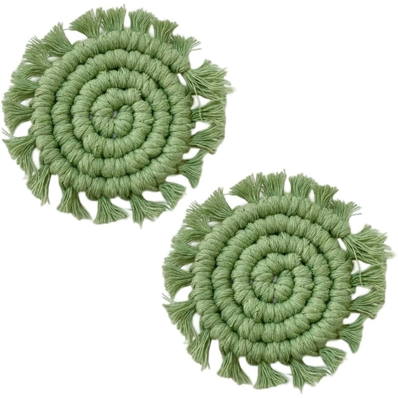 2Pcs Green Car Coasters Mini Car Cuolder Coaster Cotton Universal Boho Rustic Woven Macrame Round Drink Mat Pad for Automotive