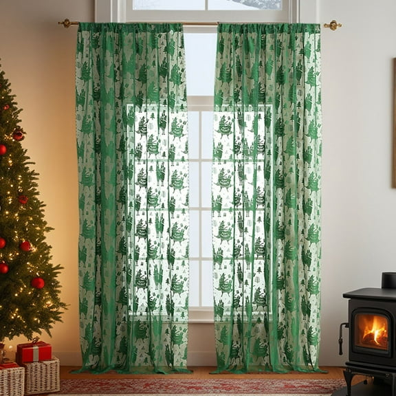 2Pcs Green Sheer Curtains Christmas Living Room Decor, Xmas Print Pattern Sheer Curtain, Christmas Style Window Drapery Festive Decorations Making The Window Wear The Coat of Christmas140x100cm
