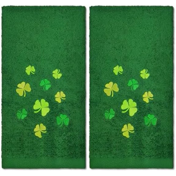 2Pcs Green St. Patrick's Day Hand Towels St Patricks Day Kitchen Towels Cotton Embroidered Irish Shamrock Bathroom Towel Clover for Holiday Spring Decoration$$Home Decor, Kitchen, & Other