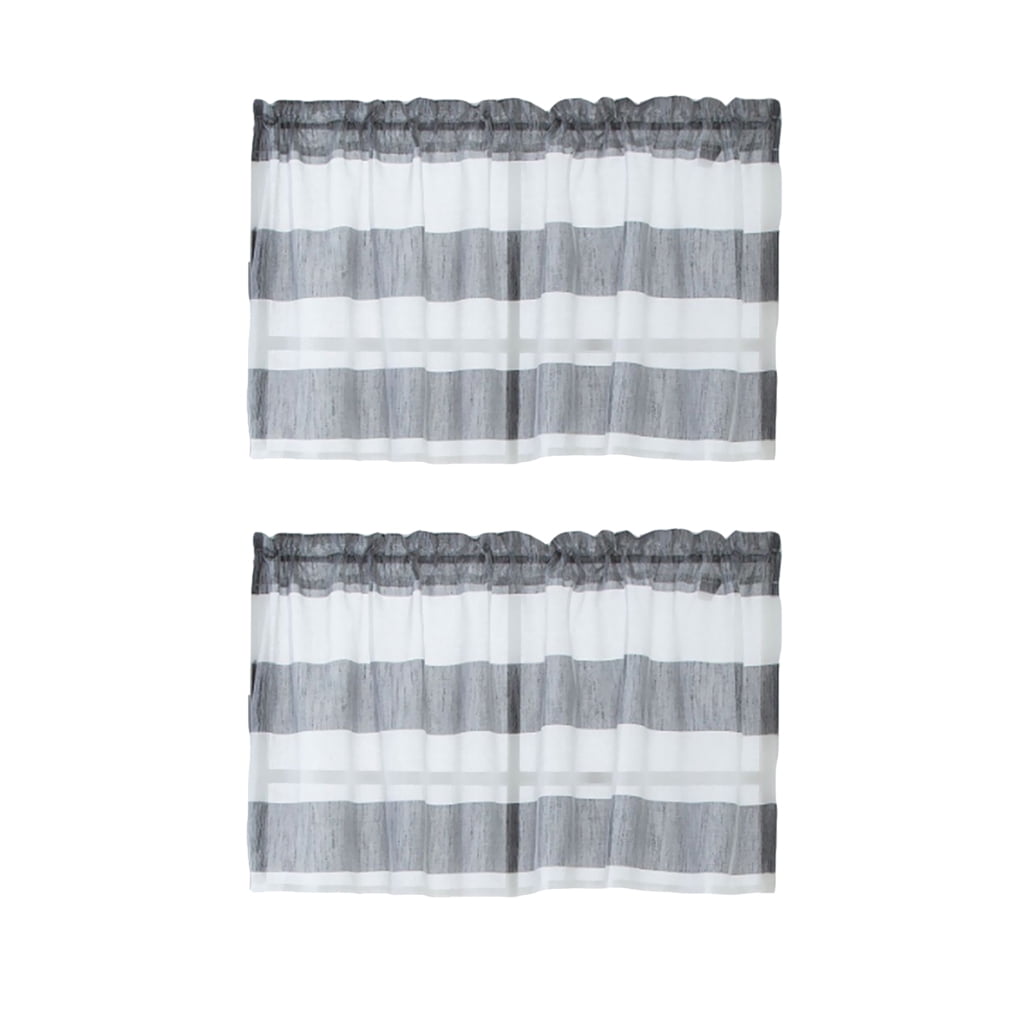 2Pcs Grey_ 74x60cm Striped Bathroom Short Valance Rod Curtains
