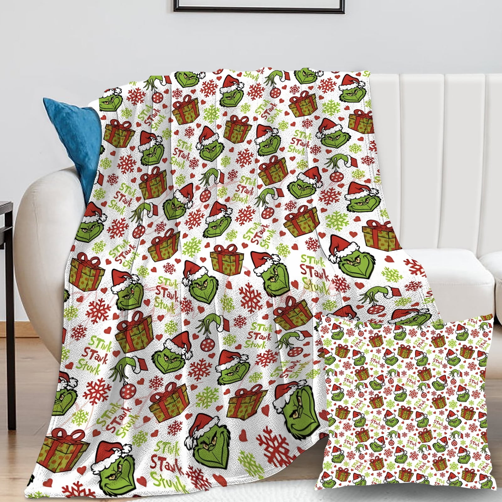 2Pcs Grinch Blanket with Grinch Pillow Case Fluffy Plush Toddlers