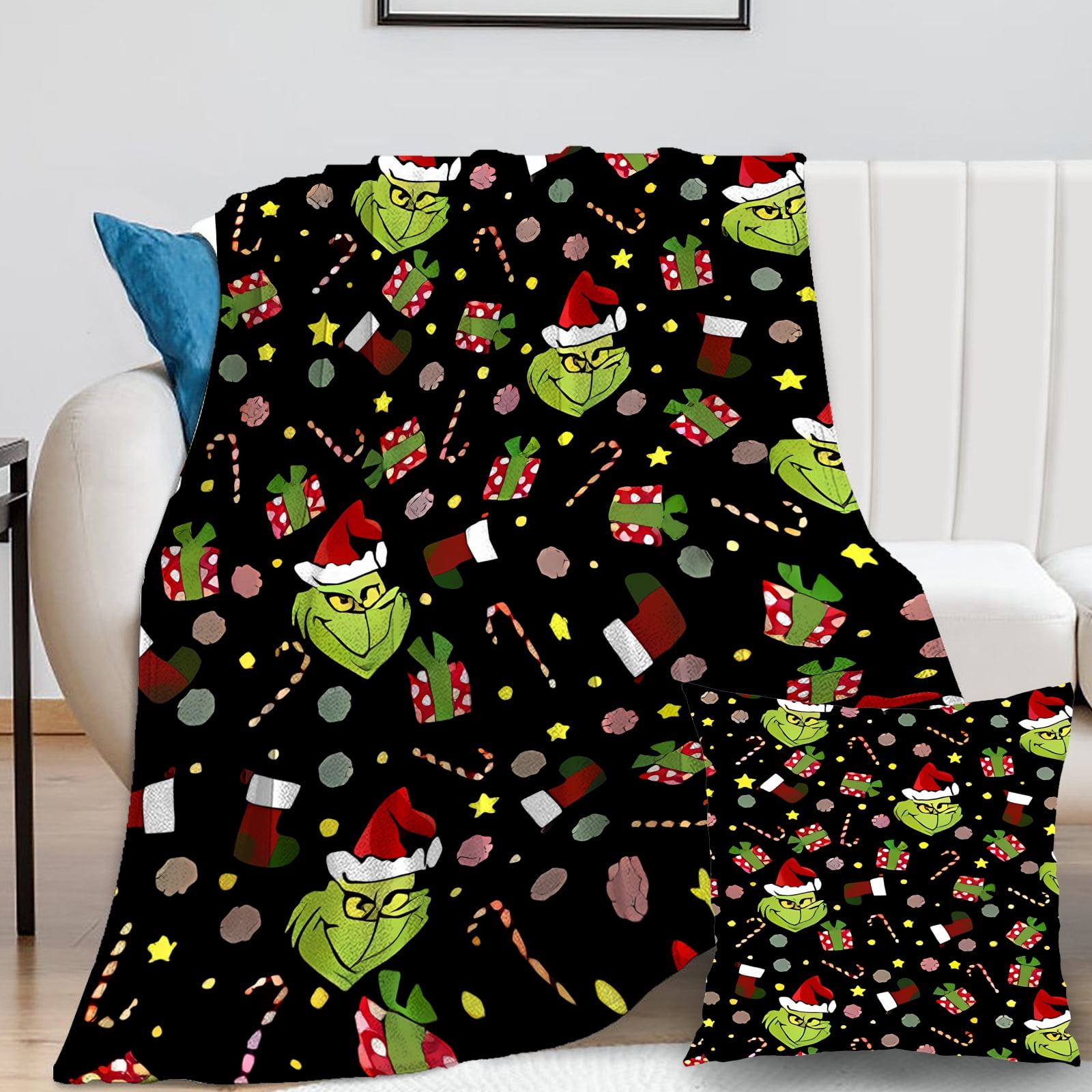 2Pcs Grinch Blanket with Grinch Pillow Case Thermal Microfiber men