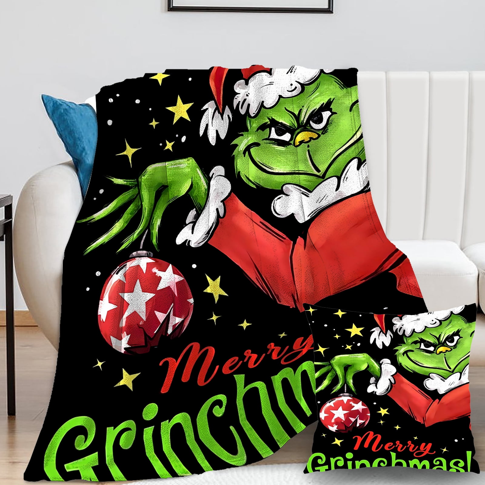 2Pcs Grinch Blanket with Grinch Pillow Case Warmth Microfiber Boy