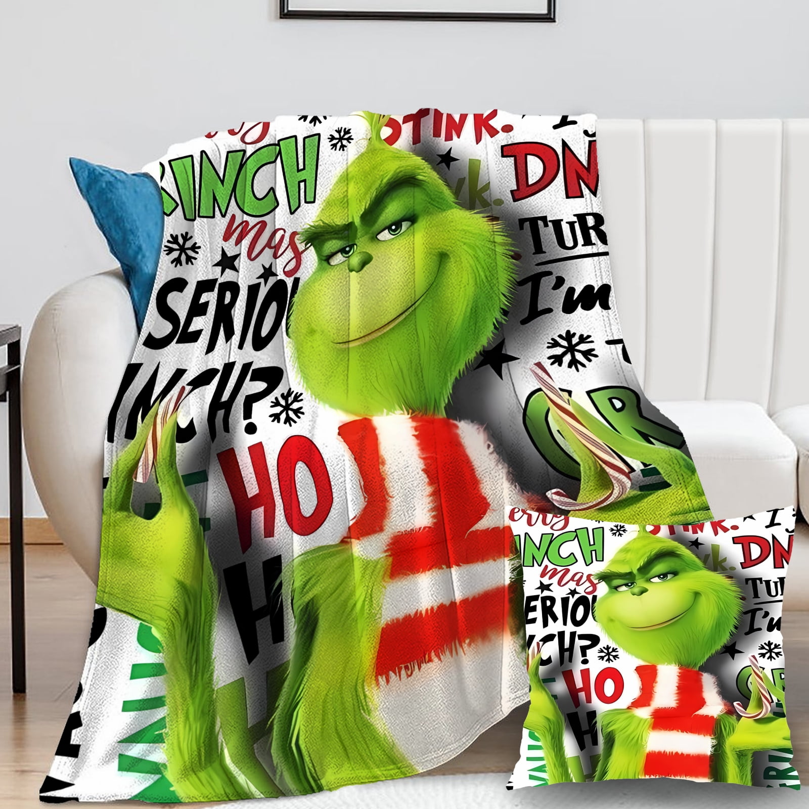 2Pcs Grinch Blanket with Grinch Pillow Case Washed Plush Teenage