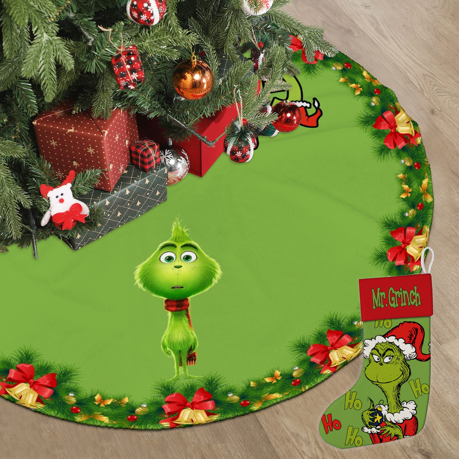 2Pcs Grinch NoNoNo Xmas Tree Skirt,Decorative Pattern Christmas Tree