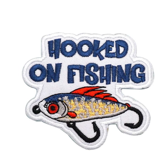 2Pcs HOOKED ON FISHING Embroidered Appliques Patch with iron on Backing- Punk Style Crochet Badge Suitable for Vests,Jackets, Backpacks,and Clothing