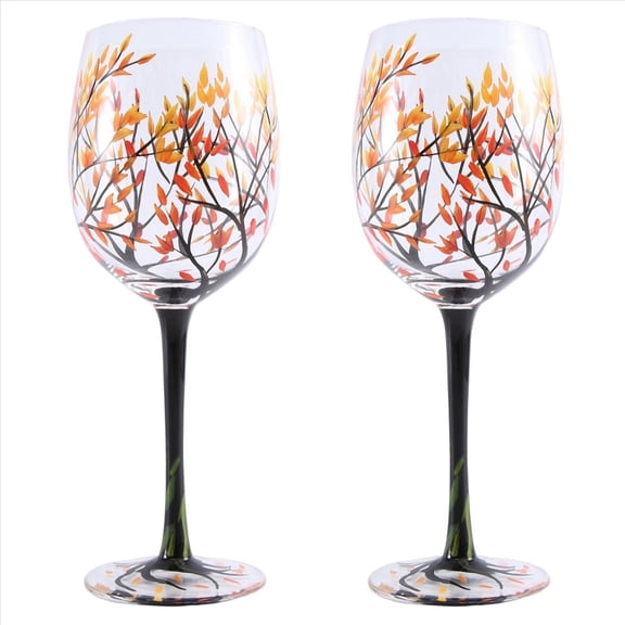 2Pcs HOT-Autumn Tree Wine Glass - Fall Colors Leaves of Red, Yellow, Orange Hand Painted Leaf