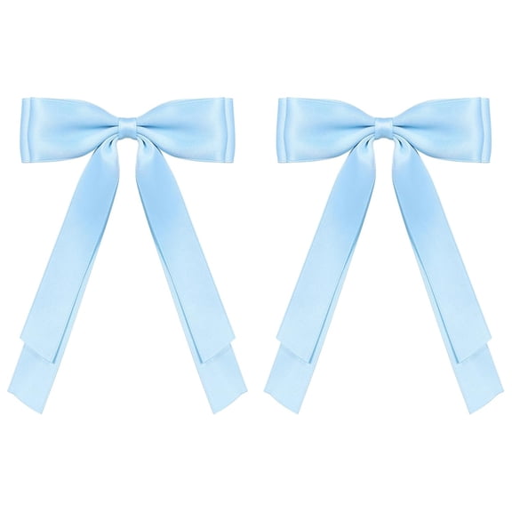 2Pcs Hair Bows Hair Clip Sky Blue Topaz Hair Ribbon Ponytail Holder Accessories Slides Metal Clips Hair Bow with Long Tail for Women Girls Toddlers Teens Kids 5.5inch