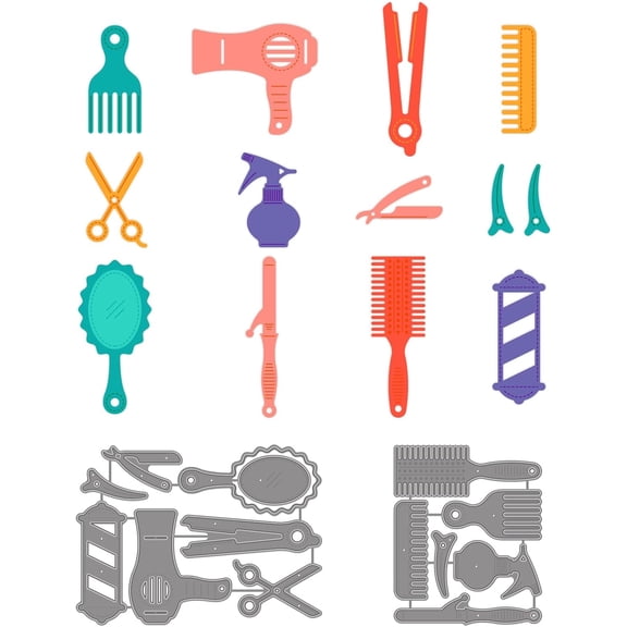 2Pcs Hairdressing Theme Cutting Dies Comb Curling Iron Mirror Barber Tools Decorations Template Embossing Stencils for Card Scrapbooking and DIY Craft Album Paper Card Decor Stainless Steel Color