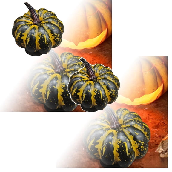 2Pcs Halloween 3.93"Artificial Pumpkin Black & Yellow Speckled Faux Gourd With Stem, Spooky Tabletop/Cabinet Decor For Fall Party & Home Display Desktop Ornament