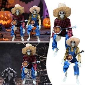 2Pcs Halloween Banjo Playing Skeletons, Funny Animated Dueling Banjo Skeletons Country Cowboy Skeleton Musicians with Movable Joints for Prop Decor halloween decorations (15.75 In ,Red&Yellow)