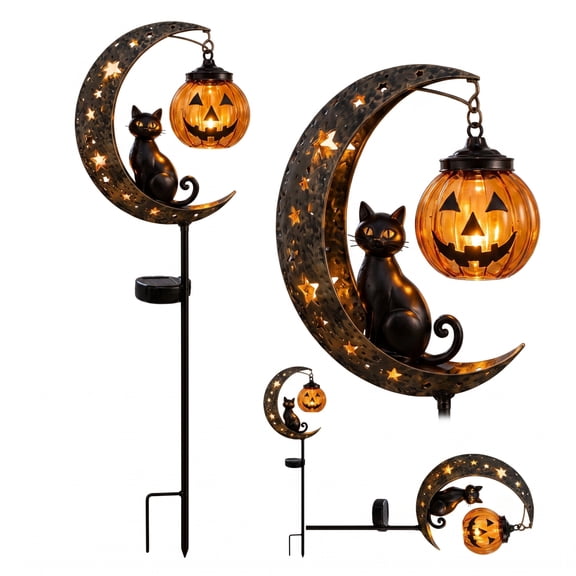 2Pcs Halloween Black Cat Moon Solar 33.46x7.09 Inch Garden Stake Light Pumpkin Lantern, Dusk Auto On Off Solar Powered Spike Light, Warm LED Path Marker for Driveway Walkway Patio Landscape Ornament