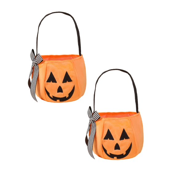 2Pcs Halloween Candy Bag with Stripe Bow, Festive Pumpkin Embroidery Bucket, Portable Trick or Treat Candy Holder with Handle, Reusable Candy Pail for Halloween Parties & Holiday Festivities