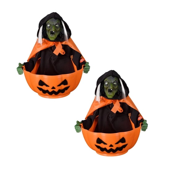 2Pcs Halloween Candy Bowl, Animated Skeleton Candy Dish with Motion Activated Screaming Witch, Light Up Red Eyes Creepy Sound, Festive Serving Bowl for Party, Table, Home Decorative, 11"x10.6"