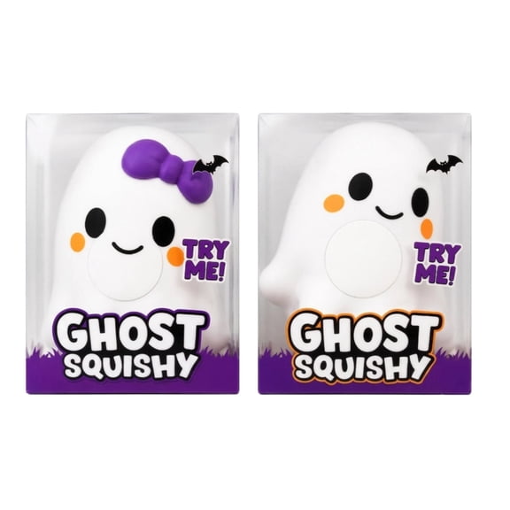 2Pcs Halloween Crazy Ghost Squishy Figurine, Ghost  Squeeze Ball,White Ghost Fidget Squeeze Toy with Purple Bow, Office Desk Stress Relief Spooky Autumn Decor Collectible Birthday Gift for Adults 5"