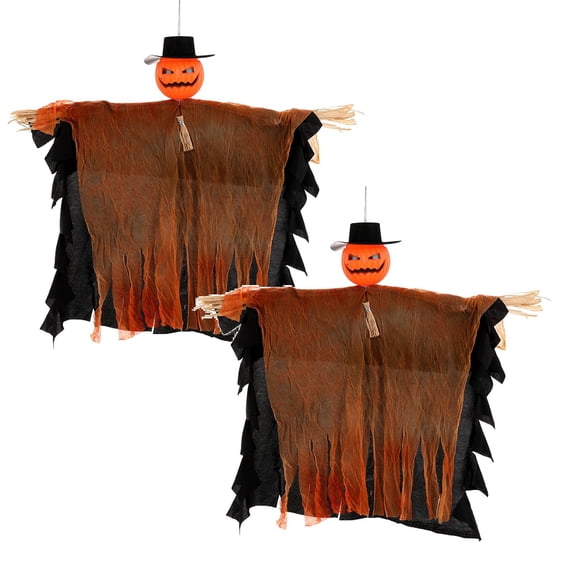 2Pcs Halloween Decoration With Bow Tie Hanging Pumpkin Head With Top Hat Outdoor & Indoor (19.7X17.7" Orange/Gray) Hangs