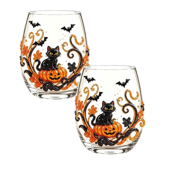2Pcs Halloween Decorations Halloween Stemless Glasses Drinking Glasses 15Oz Pattern Tumbler Cups Pumpkin Printed Flat Glass Halloween Drinkware For Party Fall Glass&Bottle