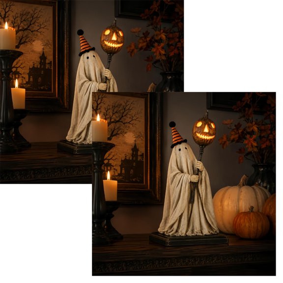 2Pcs Halloween Decorations Indoor, Vintage Ghost Decor Figurines With Light-Up Pumpkin Staff, Cute Tabletop Accent For Mantel Shelf Entryway (Battery Version)