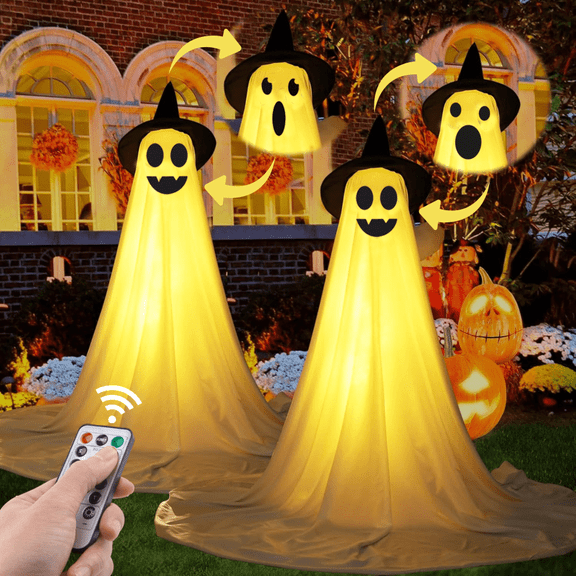 2Pcs Halloween Decorations Outdoor Ghost, DIY Ghost Kit Decor with Witch Hat Remote Control String Lights Halloween Decorations Indoor Halloween Ghost Lights for Porches Yards Gardens Lawn