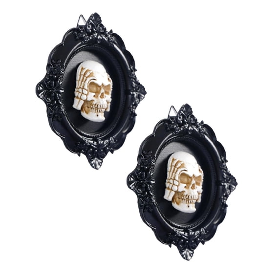 2Pcs Halloween Decorations Unique Skeleton Photo Hanging Ornament, Skull Statue Frame Wall Decor 3D Resin Sculpture 4.4"X4.4" Halloween Decor, 3D Frame Wall Deocr Gothic