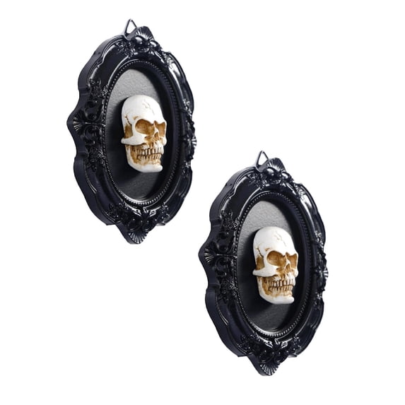 2Pcs Halloween Decorations Unique Skeleton Photo Hanging Ornament, Skull Statue Frame Wall Decor 3D Resin Sculpture 4.6"X3.7" Halloween Decor, 3D Frame Wall Deocr Gothic