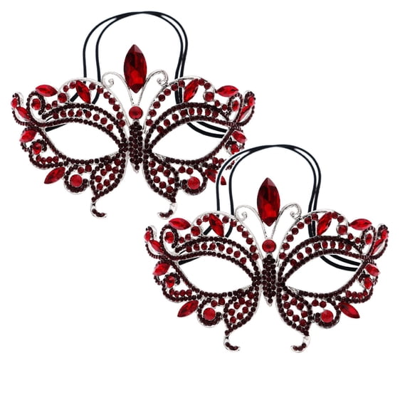 2Pcs Halloween Decorations Women'S Sparkly Rhinestone Masquerade Mask - Crystal Accent For Prom Ball Gala Cocktail Evening Party WeddingRed