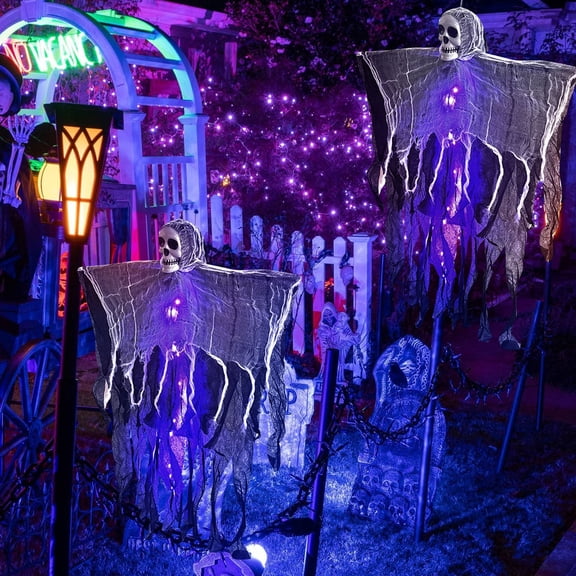 2Pcs Halloween Glowing Spooky Skeleton Figure Hanging Prop, Spooky Haunted House Decor For Tree Porch Trick Or Treat Party, Weather-resistant Reusable Durable Display For Party Guests Kids