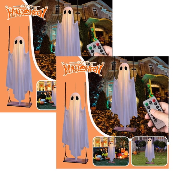2Pcs Halloween Hanging Swing Ghost Decoration Animated Light Up Floating Specter With Remote Control, Giant Glowing Pendulum Prop For Indoor Outdoor Party, Porch & Yard Hangs 55.12"