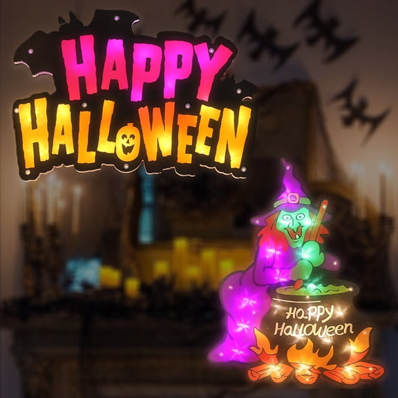 2Pcs Halloween LED Window Silhouette Lights, Ghost & Witch Plug-in Decor Lights with Suction Cups for Dorm Office Haunted House Party