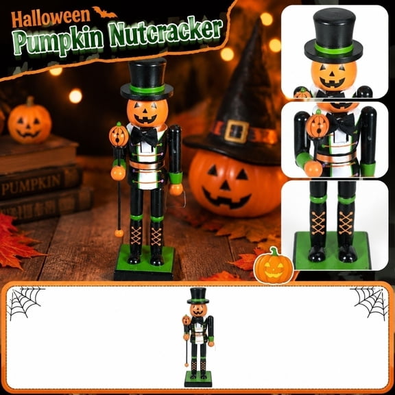 2Pcs Halloween Nutcracker Ornament,11.2 Inch Wooden Pumpkin Statue,Soldier Design Perfect For Mantels Shelves And Tabletops