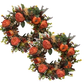 2Pcs Halloween Peony Pumpkin Wreath 11.8"X11.8" Plastic Floral For Front Door Mantel Fall Party Decor Happy 2026