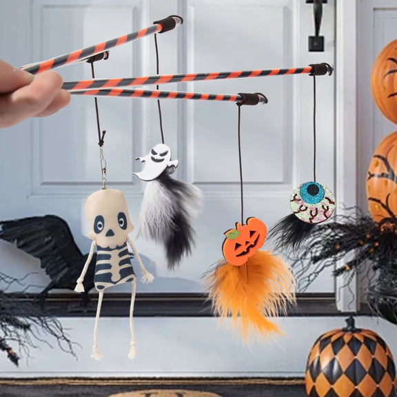 2Pcs Halloween Pet Teaser Wand, Pumpkin Ghost Feather Stick with Bell, Funny Interactive Dog & Cat Toy for Kitten Daily Entertainment and Holiday Pet Supplies