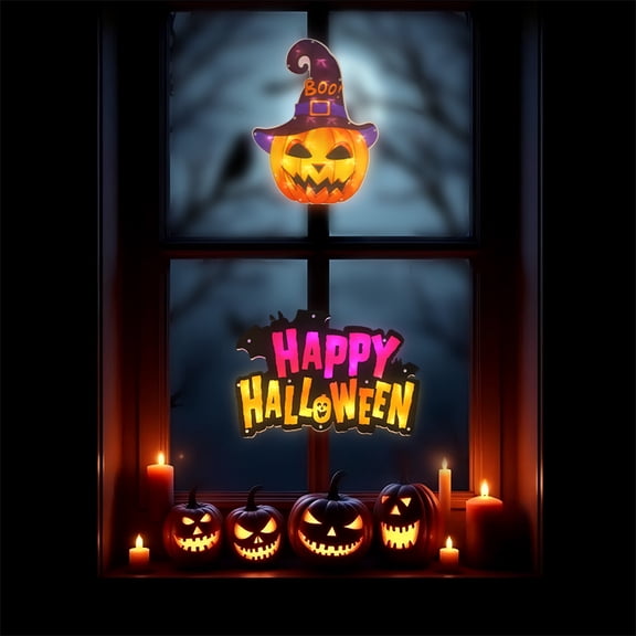 2Pcs Halloween Plug-in LED Window Silhouette Lights, Jack O Lantern & Spooky Silhouette Decor Lights with Suction Cups for Dorm Apartment Office Haunted House Party