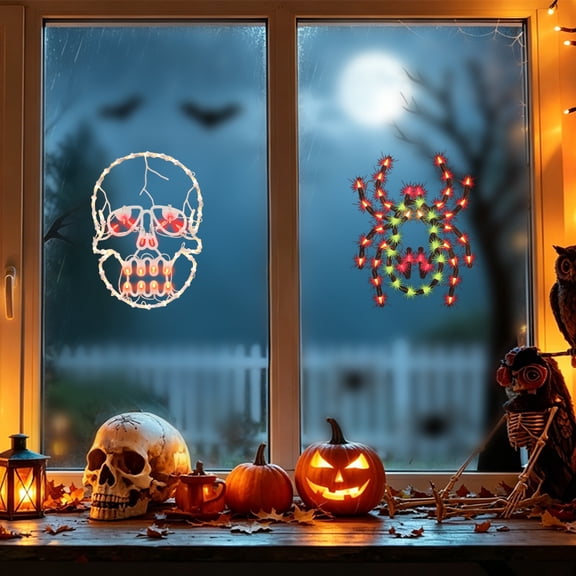 2Pcs Halloween Plug-in LED Window Silhouette Lights, Spider & Skull Decor Lights with Suction Cups for Dorm Apartment Office Party