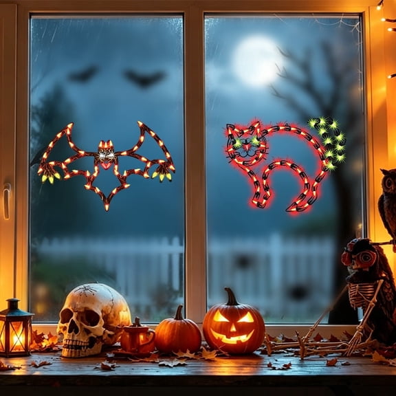 2Pcs Halloween Plug-in Window Silhouette Lights, Bat & Black Cat Decor Lights with Suction Cups for Dorm Apartment Office Party